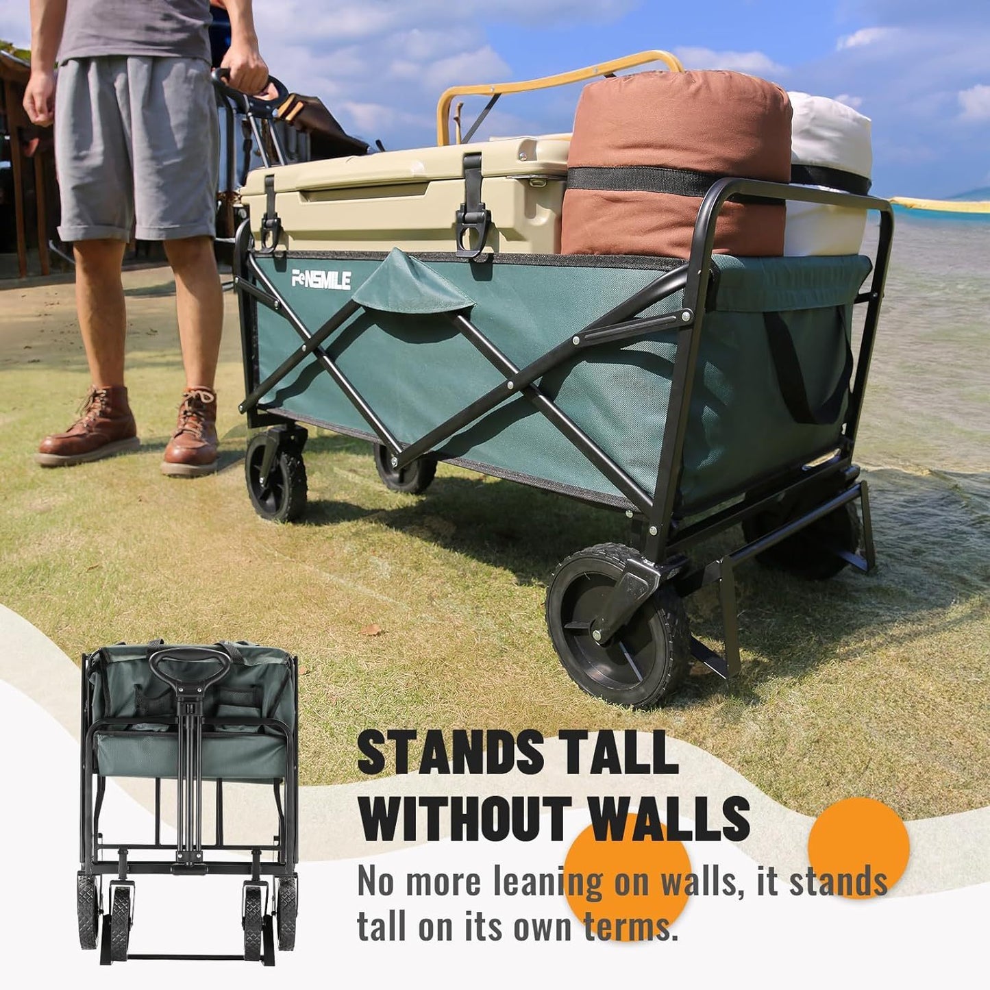 Side view of 220 Lbs Collapsible Wagon for camping, non-slip wheels, metal frame, Campingood