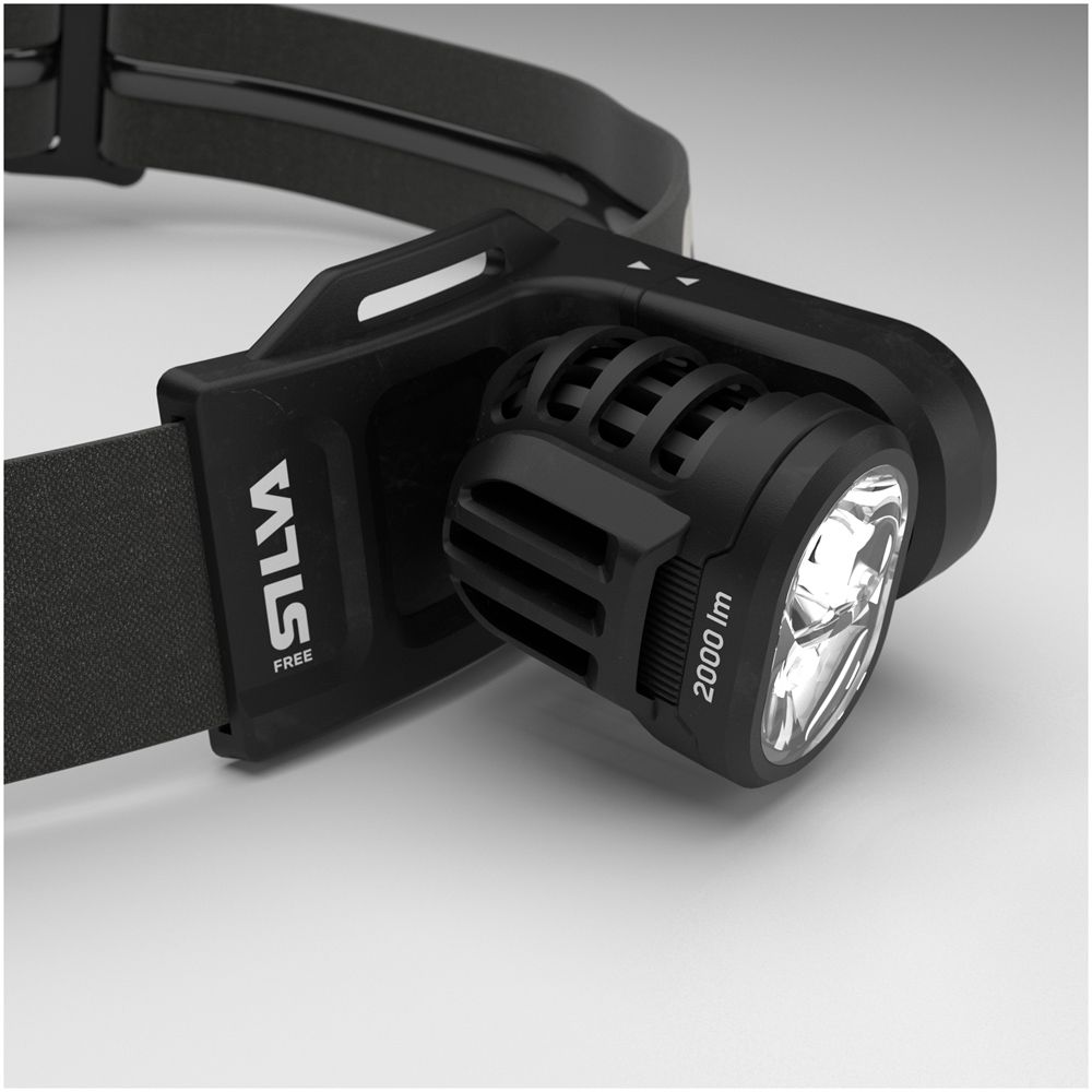 Black headlamp with visible brand logo on a gray background