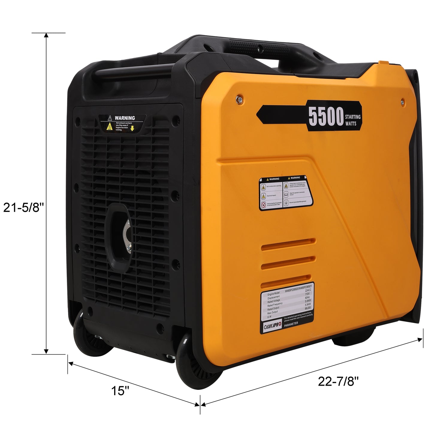 Side angle of super quiet 5.5KW inverter generator showing outlets and CO sensor, portable for camping and outdoor adventures, Campingood