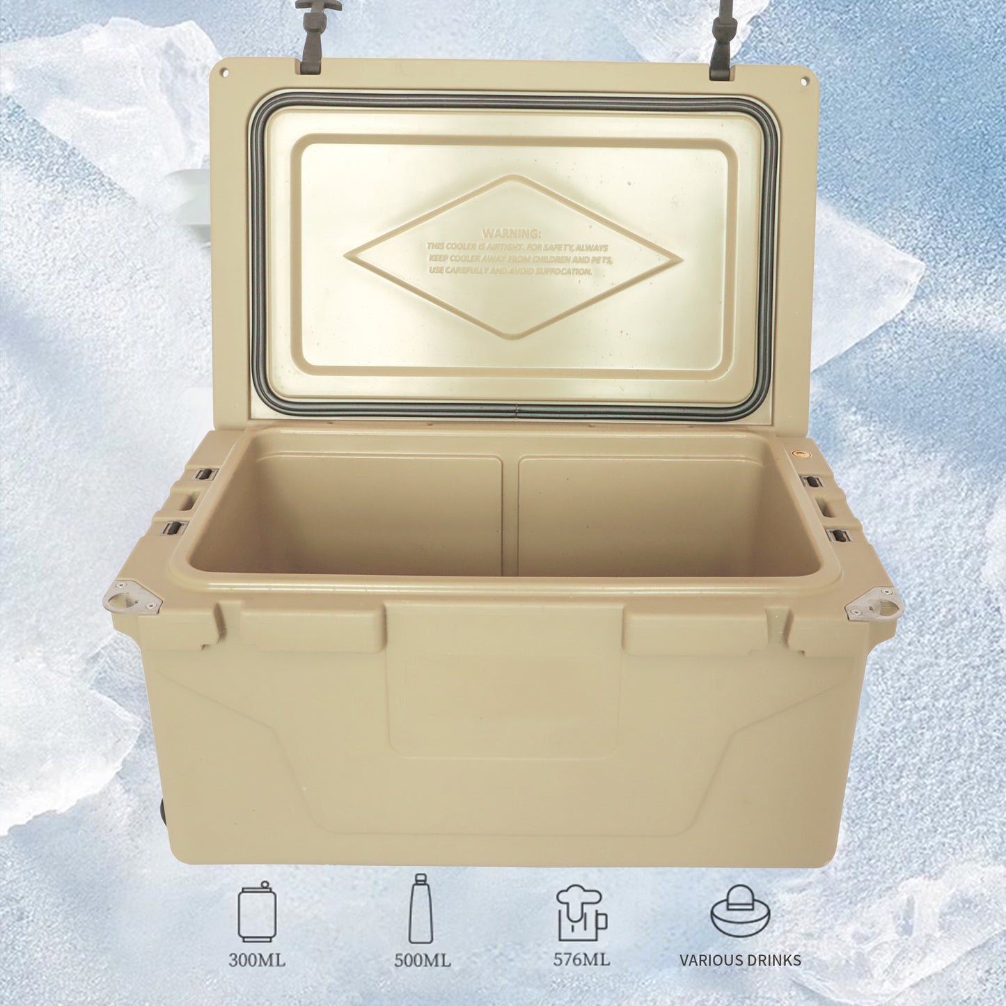 Open 65QT Camping Cooler showing spacious interior, heavy-duty rope handles, UV-resistant, Campingood