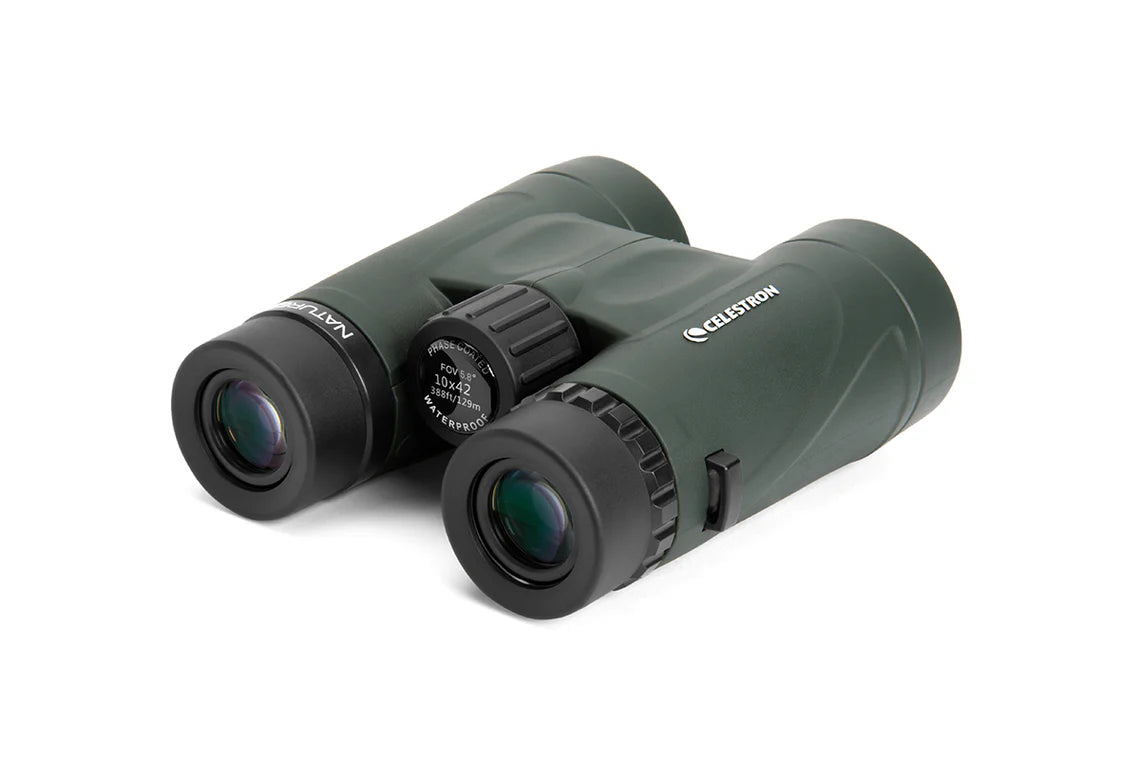 Green binoculars with Celestron logo on a white background