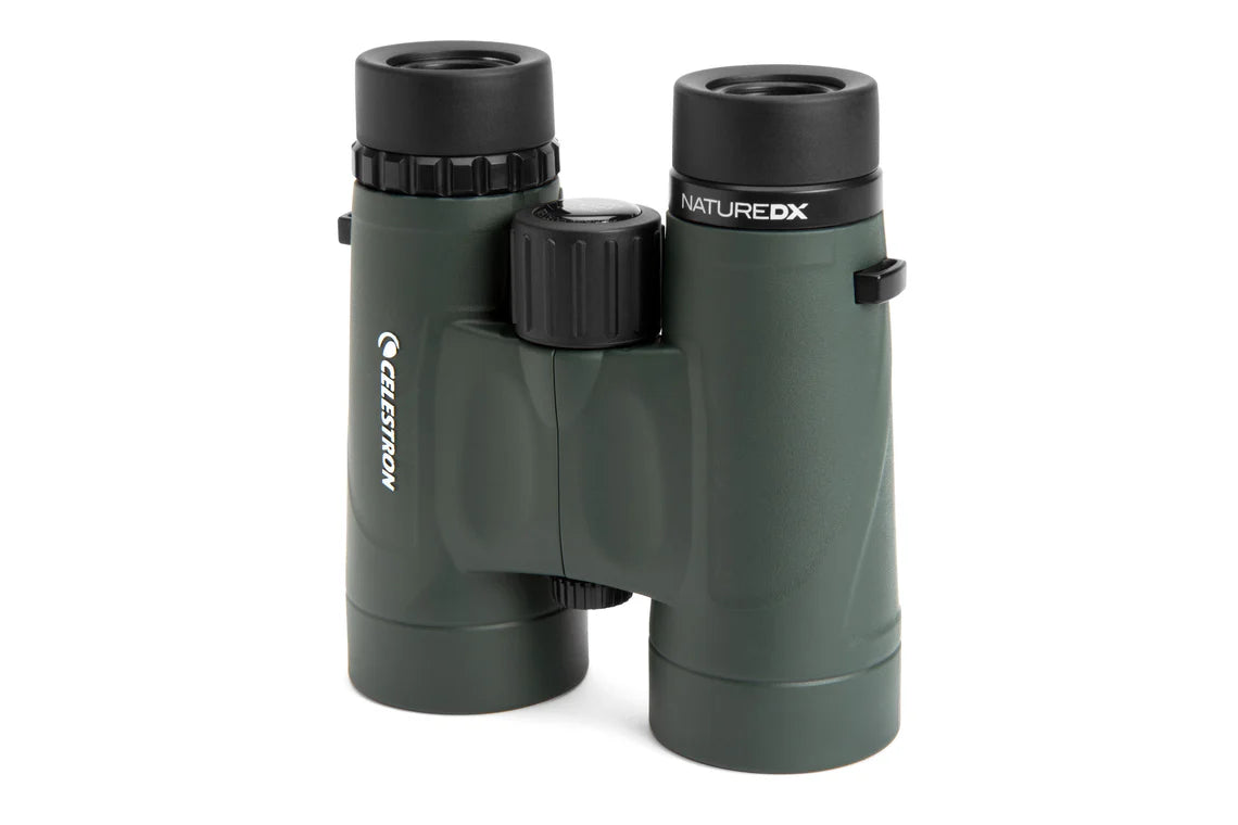 Green binoculars with 'Nature DX' and 'Celestron' branding on a white background