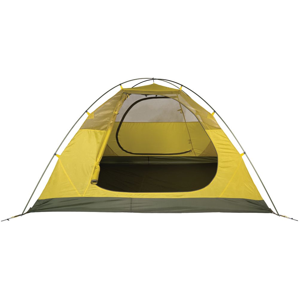 Gannet 4-Person Green Camping Tent pitched in a forest with Gear Loft Theater system".