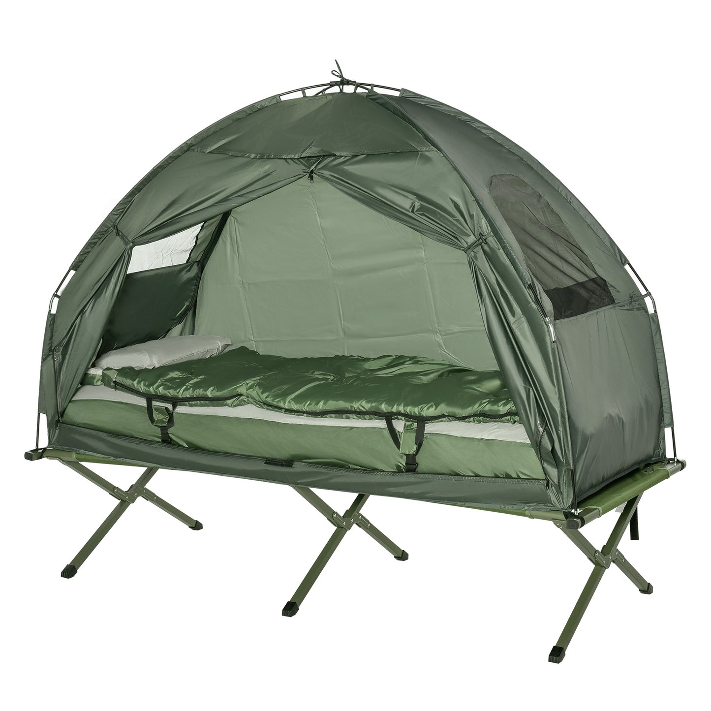 Folding Camping Cot with tent and sleeping bag, green nylon, portable outdoor bed, Campingood