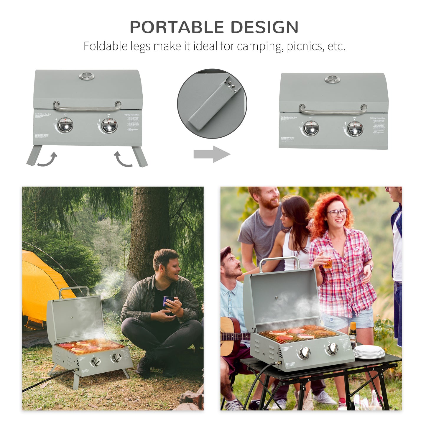 Portable Gas Grill with grease tray, light grey, perfect for backyard tailgating, Campingood