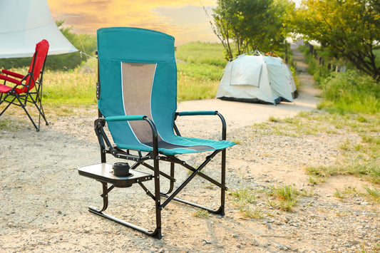 Blue Heavy Duty Director's Camping Chair with side table and cup holder unfolded in an outdoor setting - Campingood.