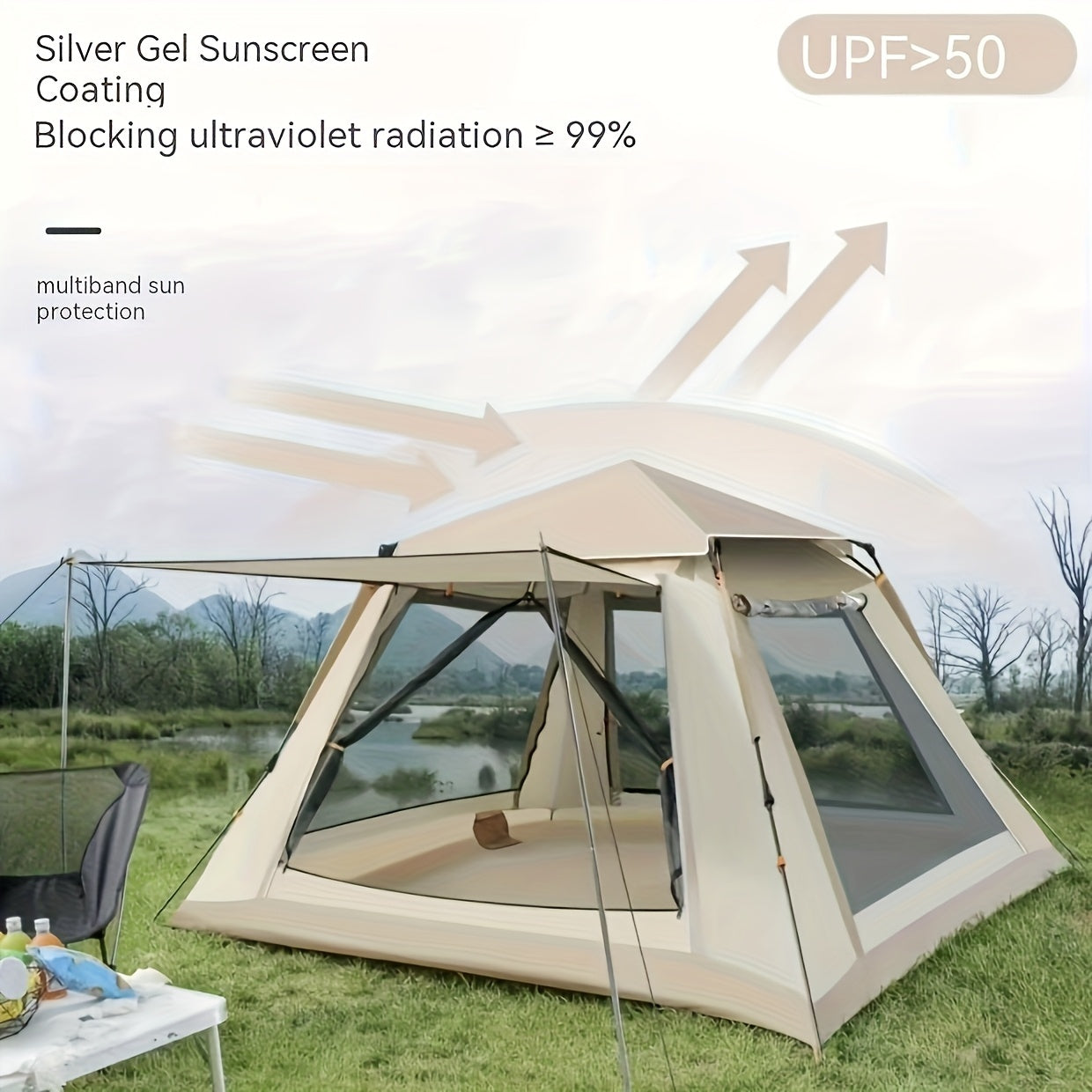 Side view of 3-4 Person Canopy Tent for picnics, multi-layer sunshade, ideal for family outdoor, Campingood