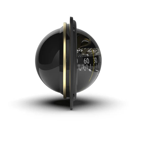 Black spherical compass with gold accents on a white background