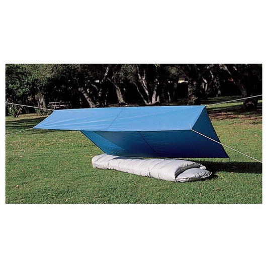 Nylon 10'x12' Camping Tarp in Royal Blue pitched as a shelter