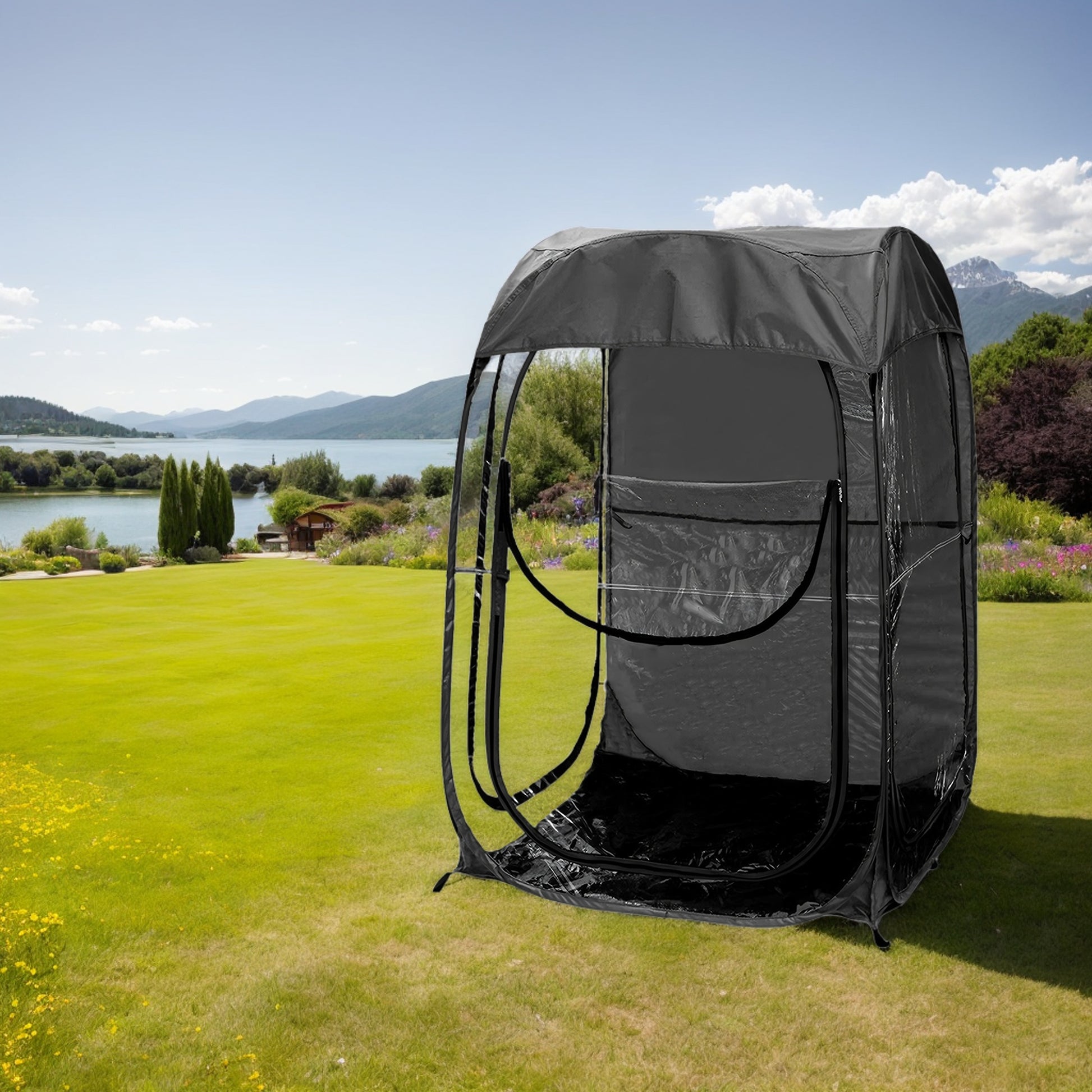 Side view of Pop Up Sports Tent providing wind and rain protection, portable for fishing events, Campingood