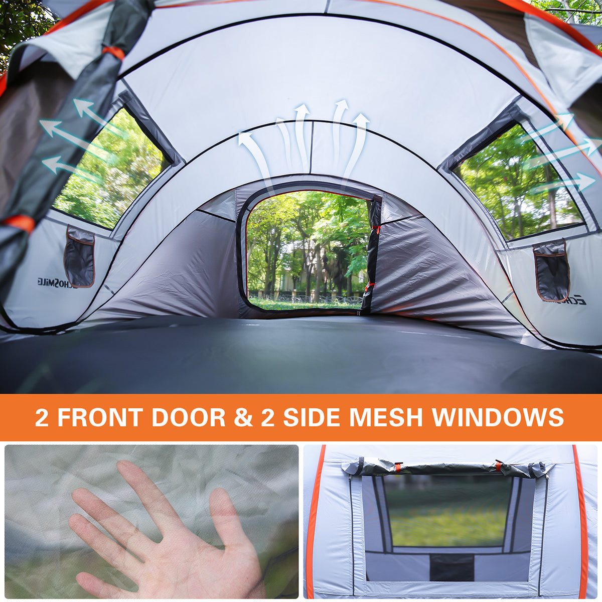 Interior of Pop Up Boat Tent, mesh windows ventilation, spacious for 4-6 persons camping, Campingood