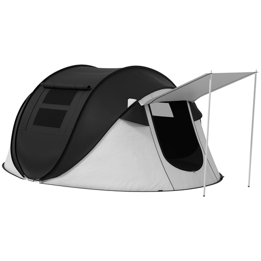 Camping tent with a black roof and white sides on a white background