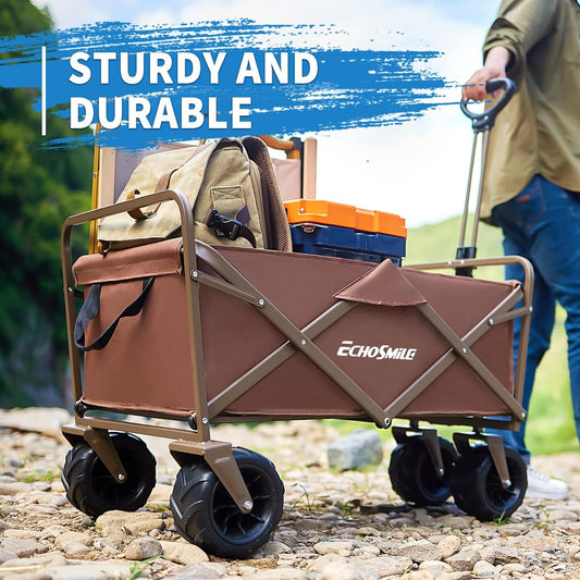 Heavy Duty 350 Lbs Collapsible Camping Wagon, black and brown, all-terrain wheels, outdoor utility cart, Campingood