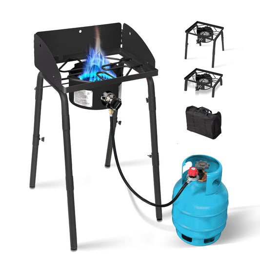 One Burner Camping Stove, black cast iron, portable with carry bag, outdoor cooking, Campingood