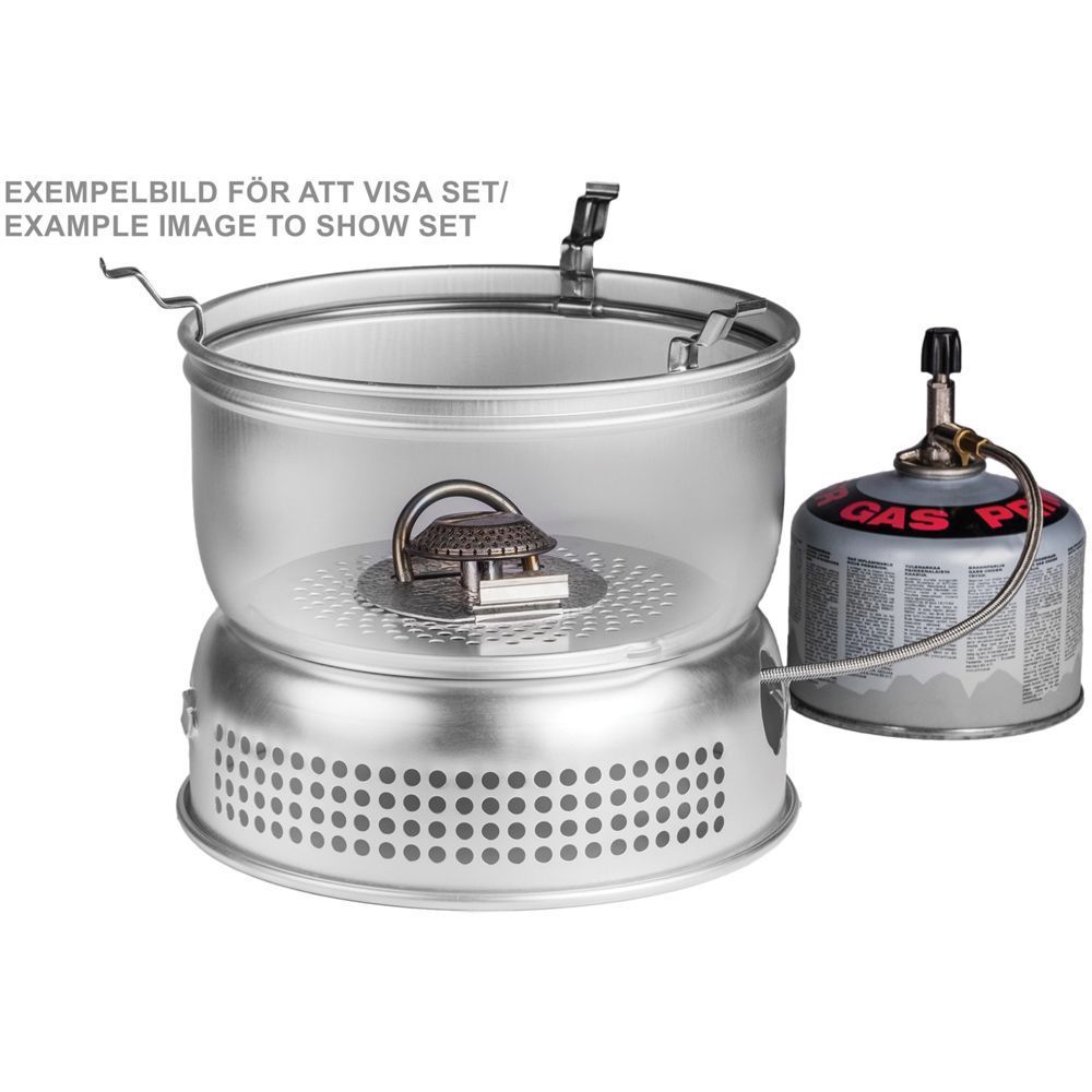 Stainless steel camping stove with a gas canister on a white background