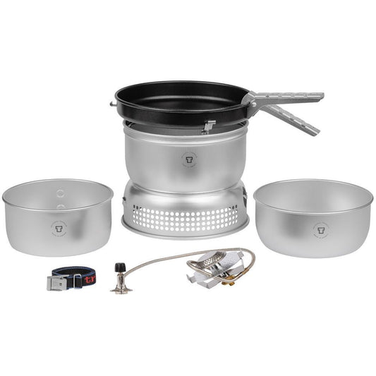 Trangia 25-3 UL Ultralight Stove Kit with Gas Burner, pots, and pan nested together for transport - Campingood.