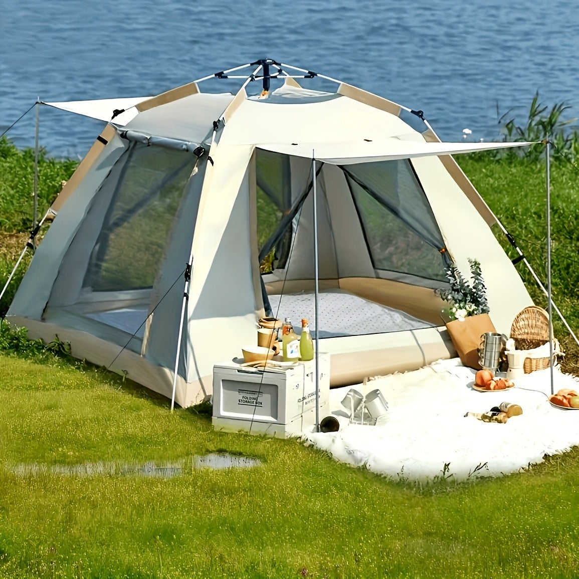 3-4 Person Family Camping Tent with canopy, off-white Oxford fabric, UV protection, outdoor shelter, Campingood