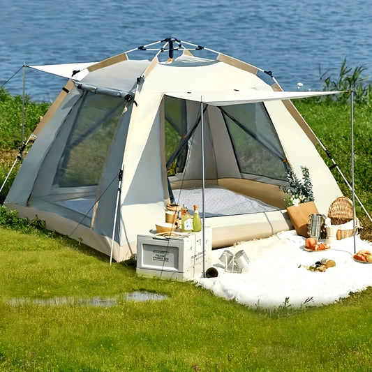 3-4 Person Family Camping Tent with canopy, off-white Oxford fabric, UV protection, outdoor shelter, Campingood
