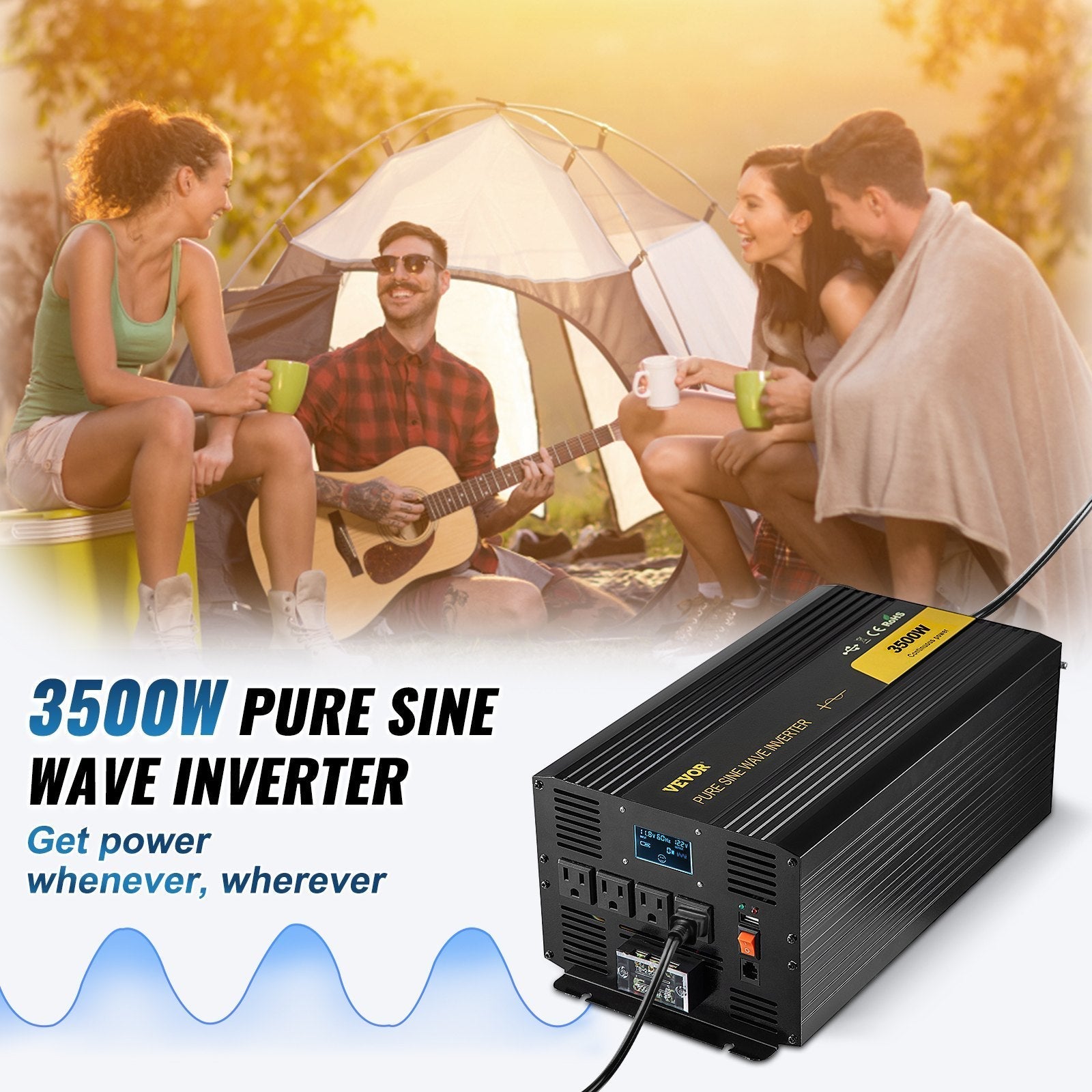 3500W Pure Sine Wave Power Inverter, 12V DC to 120V AC, Black | Campingood for camping and outdoor | campingood.com