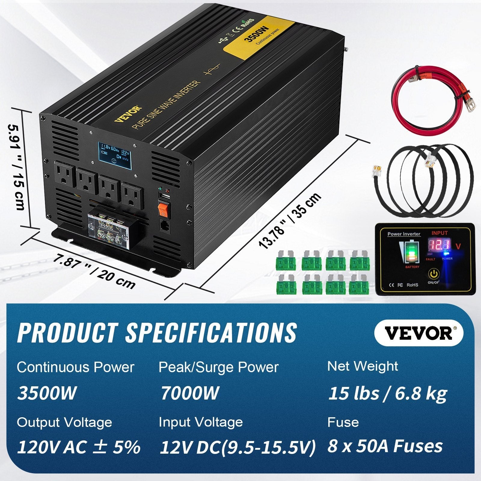 3500W Pure Sine Wave Power Inverter, 12V DC to 120V AC, Black | Campingood for camping and outdoor | campingood.com