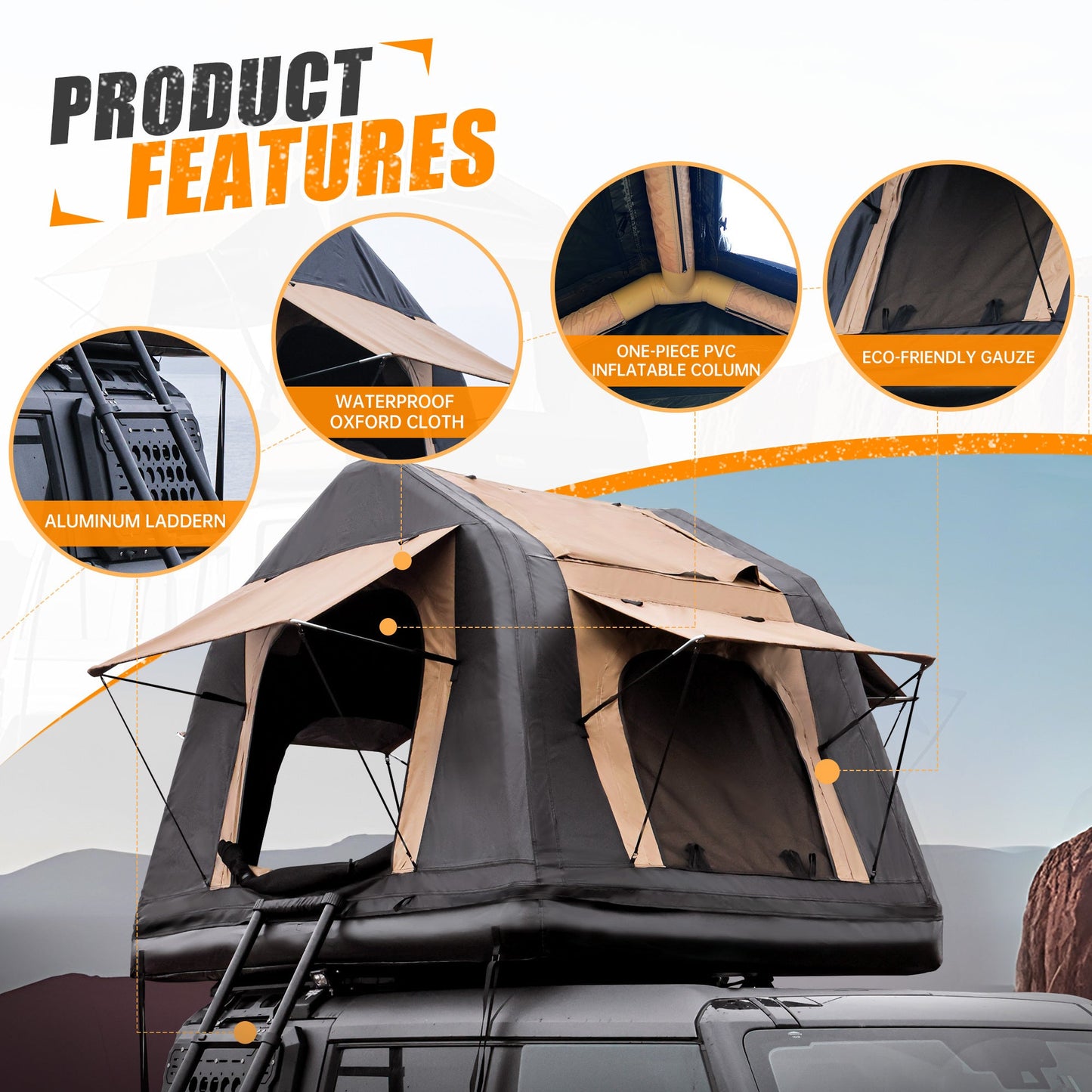 4x4 Roof Top Inflatable Tent with Ladder Khaki & Black for camping and outdoor | campingood.com