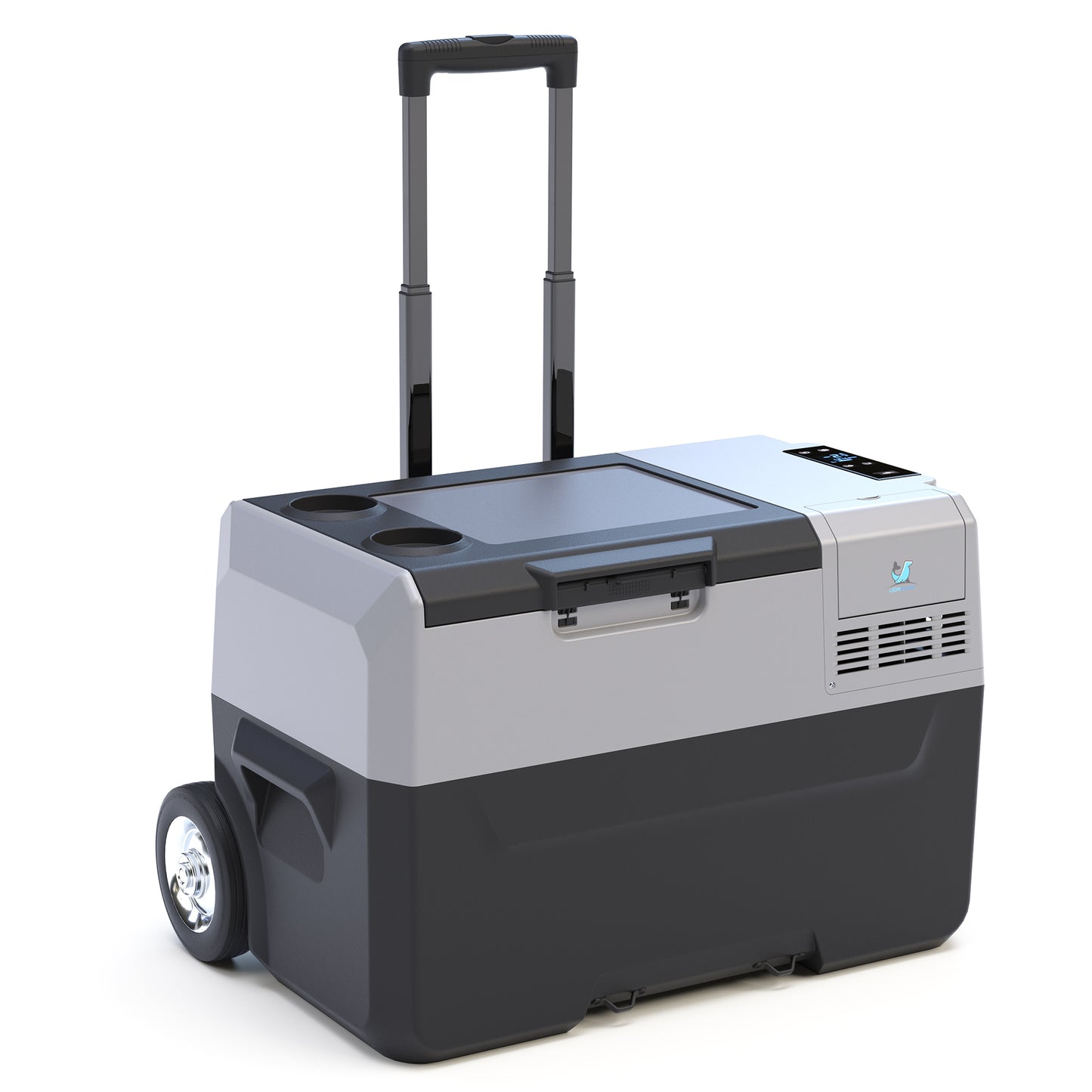 32Qt Portable Car Freezer with APP control, antique white/gray plastic, off-road wheels, camping cooler, Campingood