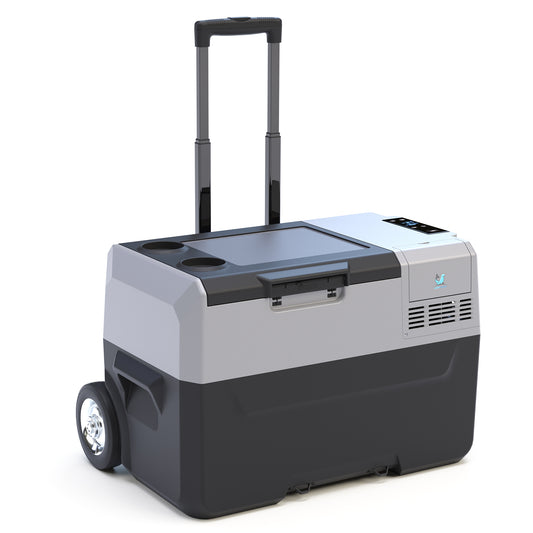 32Qt Portable Car Freezer with APP control, antique white/gray plastic, off-road wheels, camping cooler, Campingood