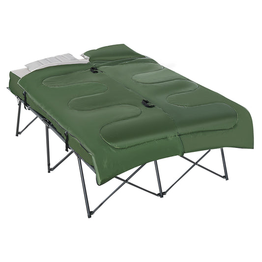 2-Person Folding Camping Cot with sleeping bag set, green polyester, elevated outdoor bed, Campingood