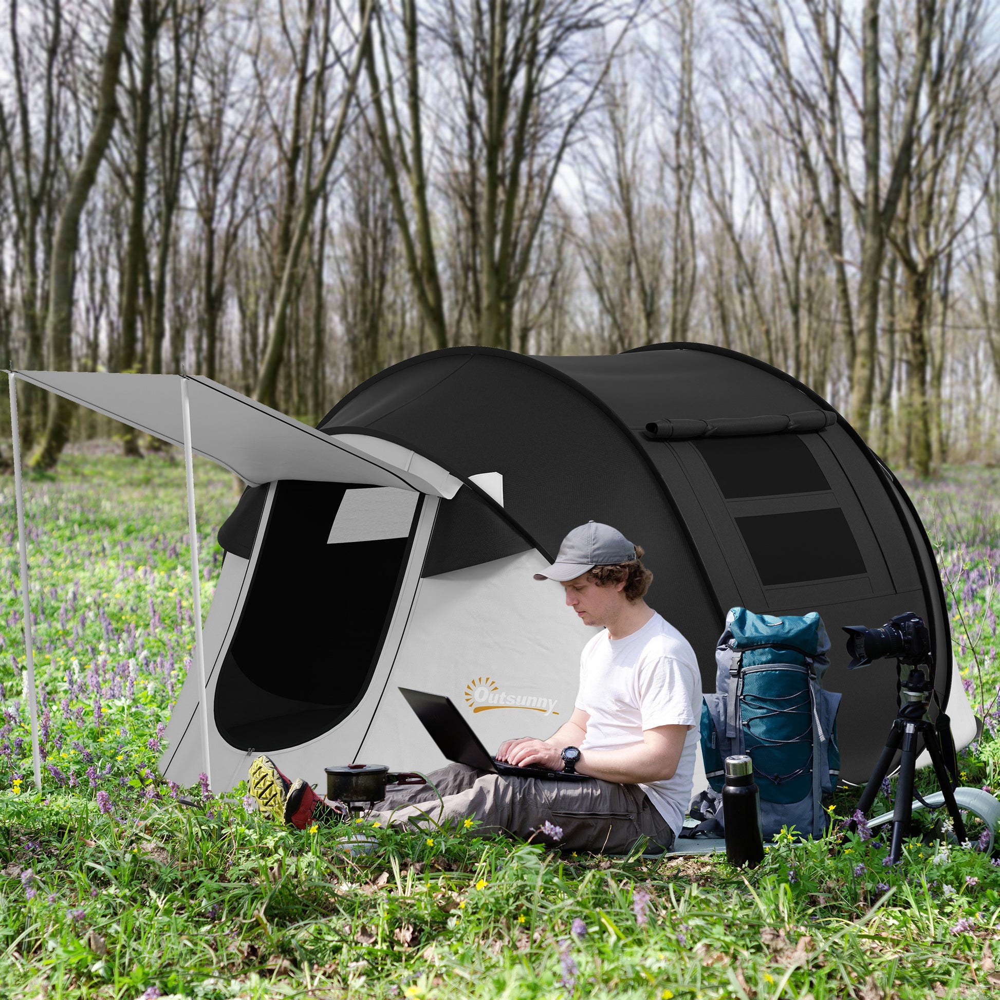 2-3 Person Pop Up Tent with porch, black polyester, instant setup for outdoor camping, Campingood