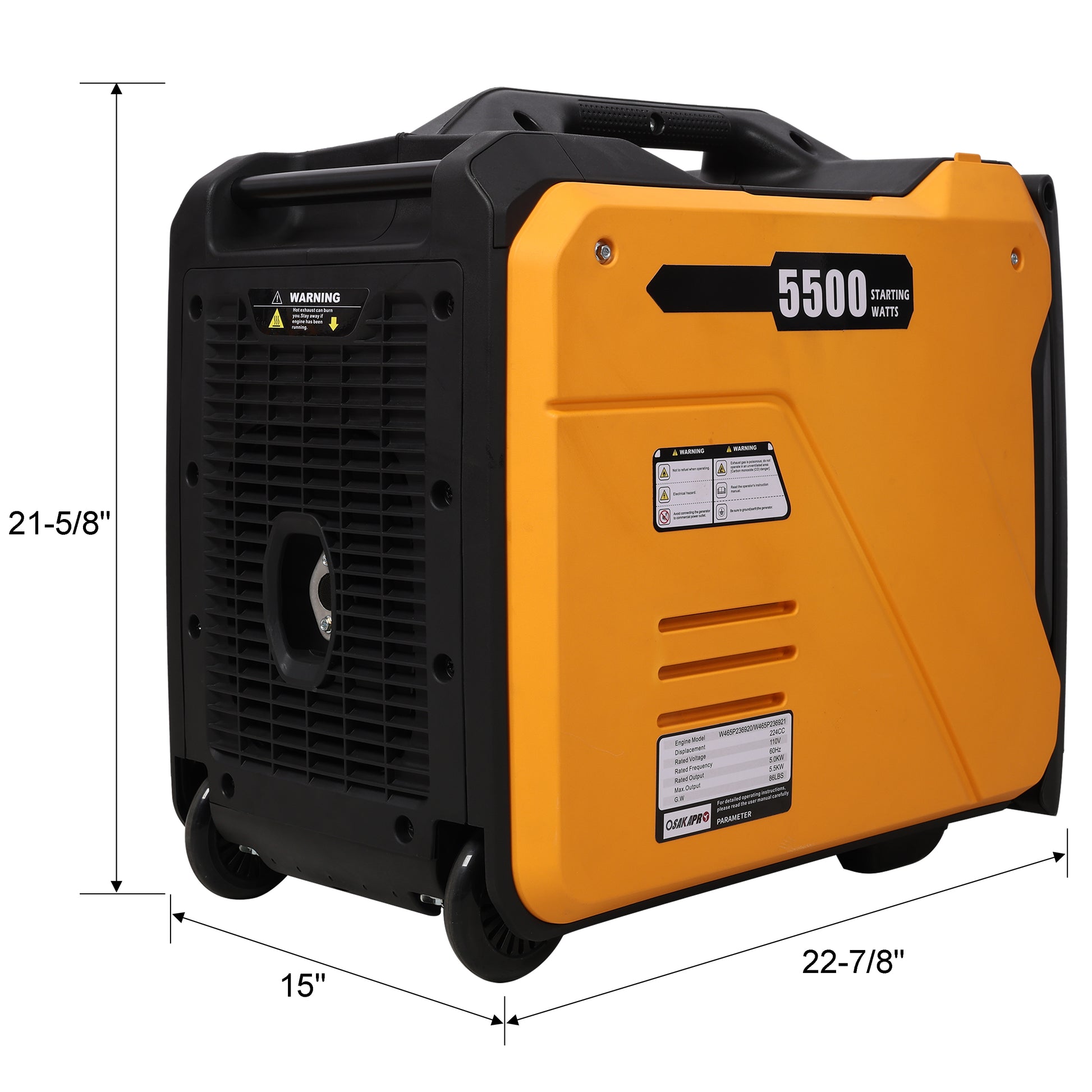 Side angle of super quiet 5.5KW inverter generator showing outlets and CO sensor, portable for camping and outdoor adventures, Campingood