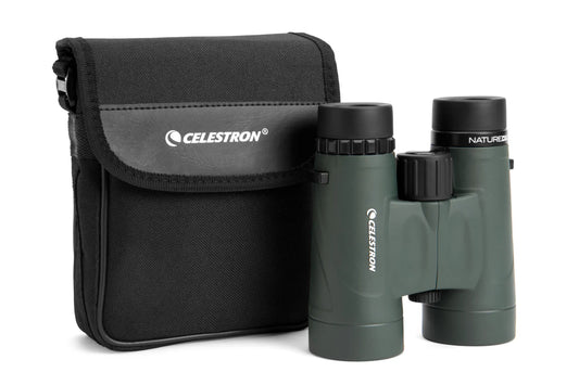 Celestron binoculars with carrying case on a white background