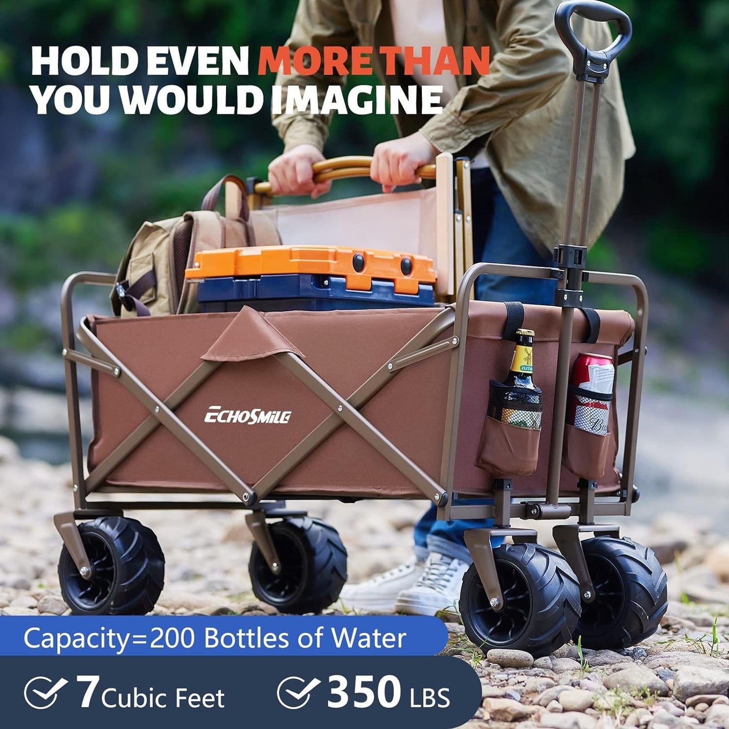 Side view of 350 Lbs Collapsible Wagon for camping, adjustable handle, all-terrain wheels, Campingood