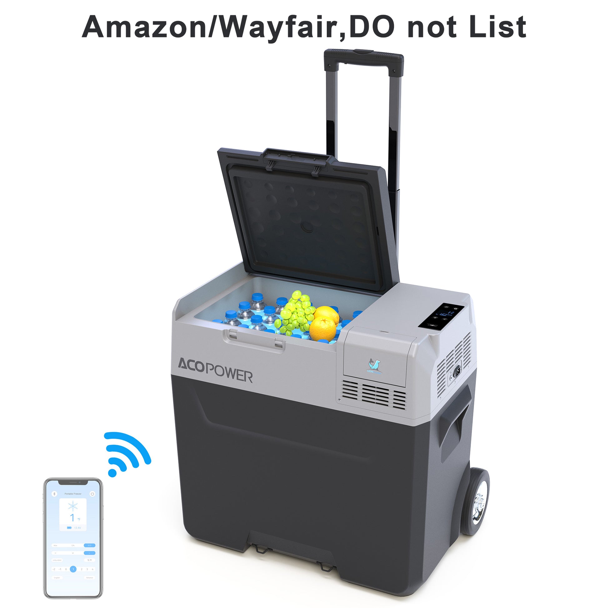 Open 32Qt Cooler Freezer showing capacity, Bluetooth APP panel, ideal for picnic tailgating, Campingood