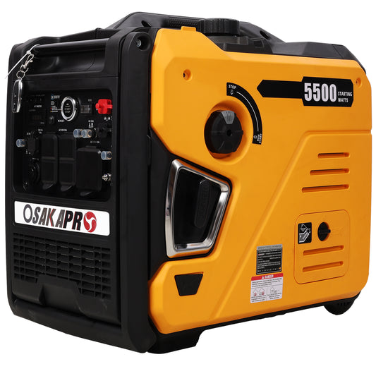 Front view of Quiet 5.5KW Portable Inverter Generator with foldable handle and wheels, orange aluminum, for camping outdoor, Campingood