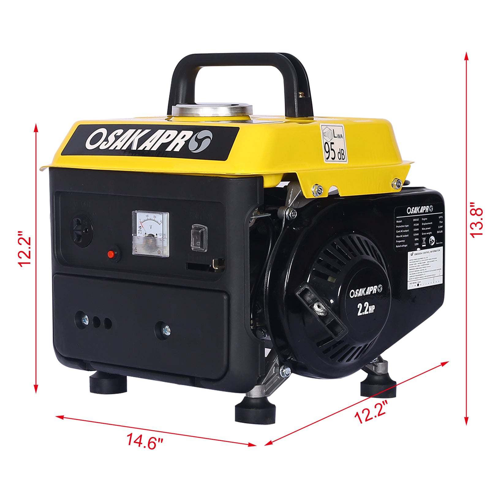 Yellow 900W Gas Generator with recoil starter and handles