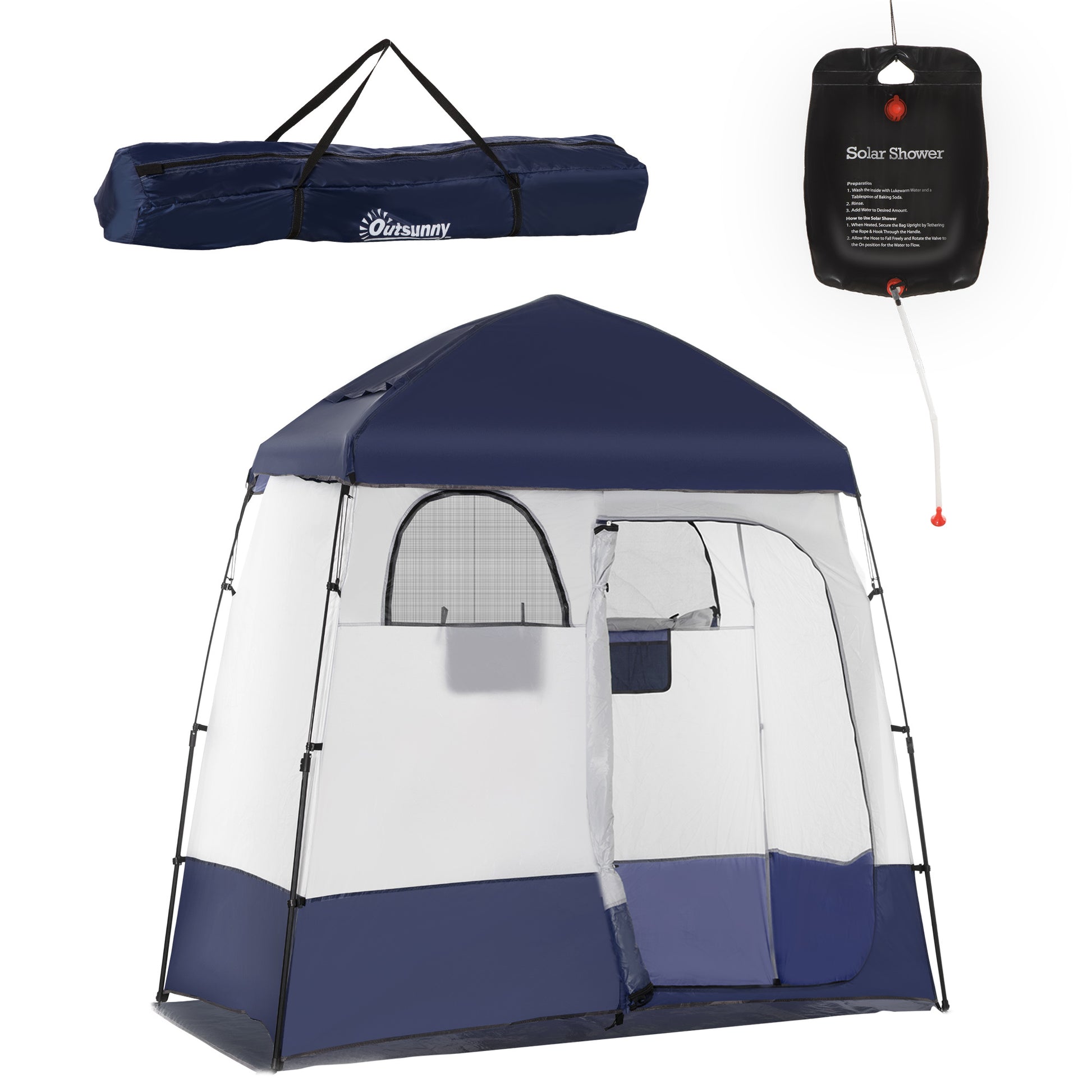 Camping tent with solar shower and carrying bag on a white background