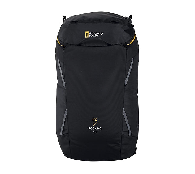 Singing Rock Rocking 40L Black backpack with visible branding on a white background