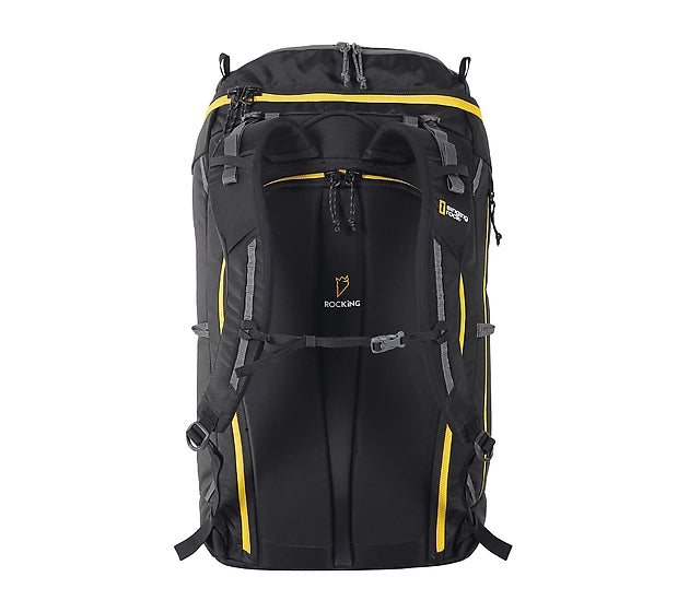 Singing Rock Rocking 40L Black backpack with yellow accents on a white background  - Campingood