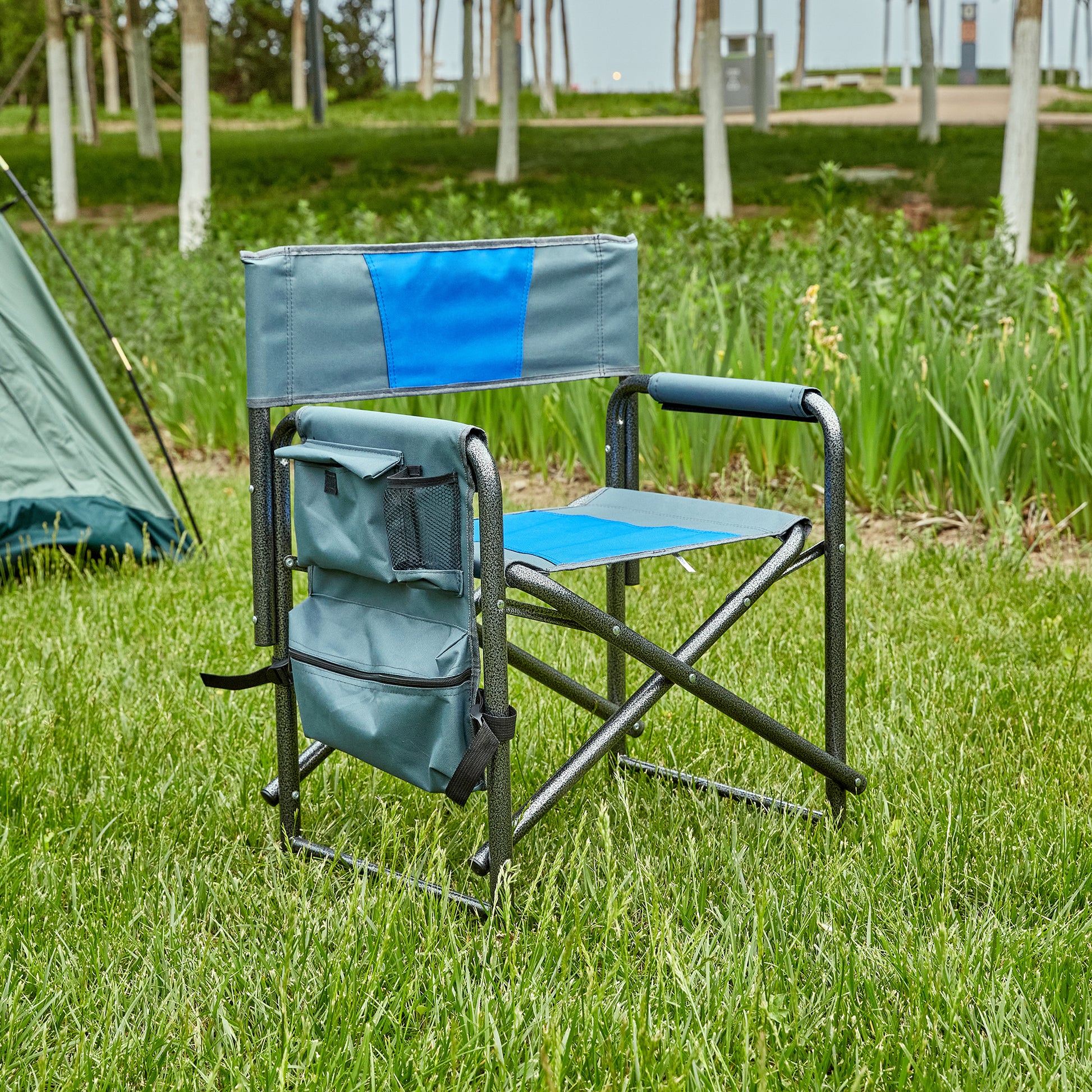 Blue/Grey Camping Chair with storage pocket for outdoor use