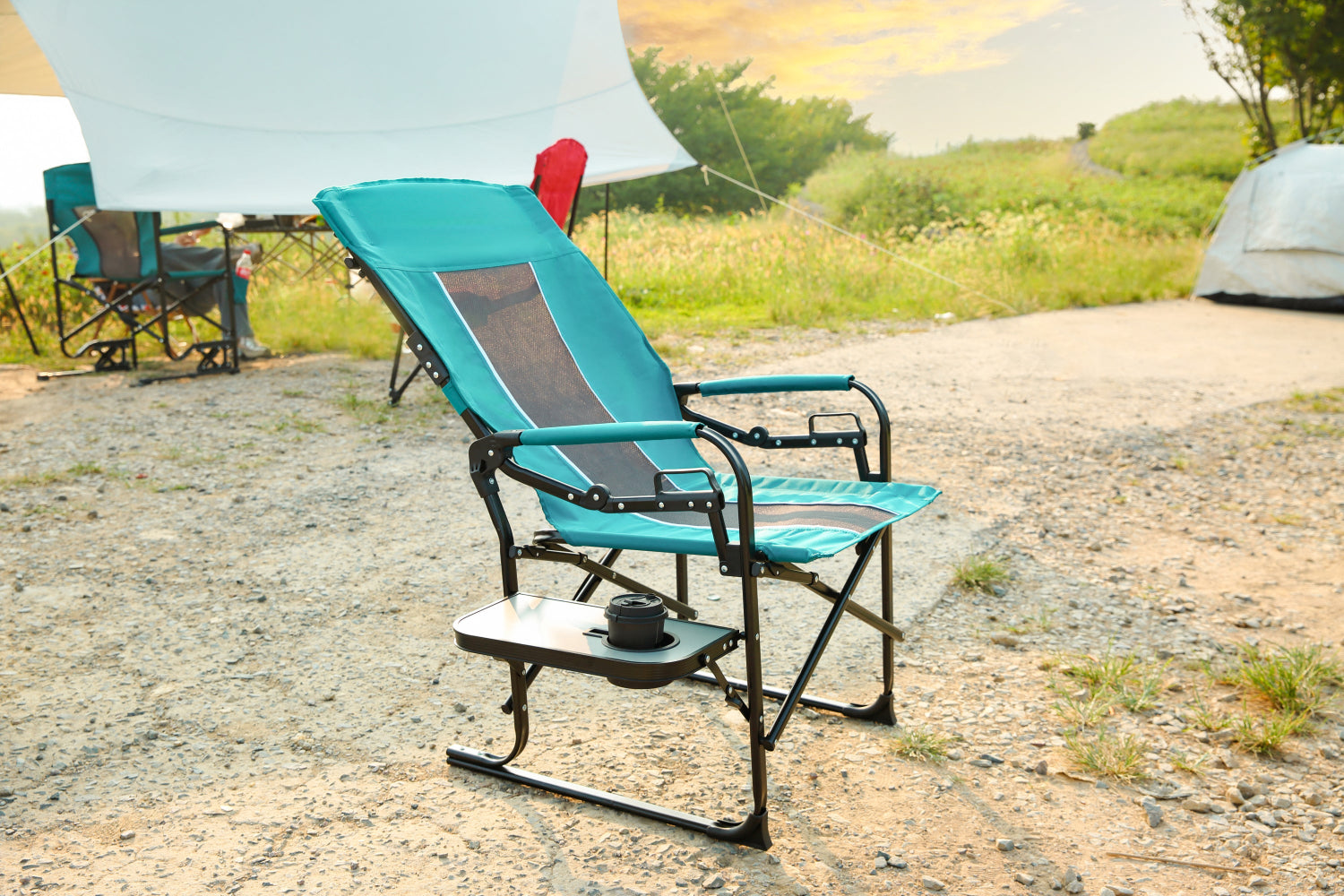 Folded Campingood Director's Camping Chair with carry bag, showcasing its portable and compact design for storage.