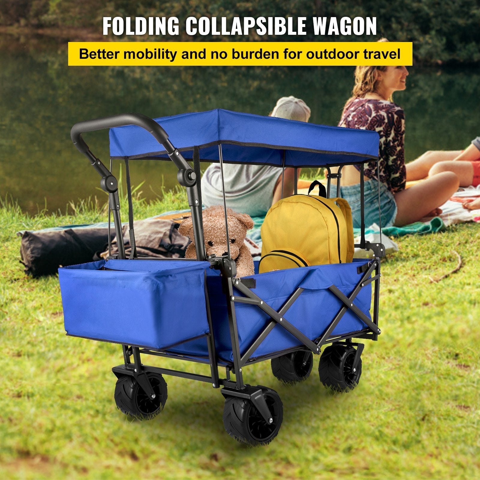 Side view of Large Folding Wagon Cart with rear storage, flexible handle, ideal for gardening, Campingood