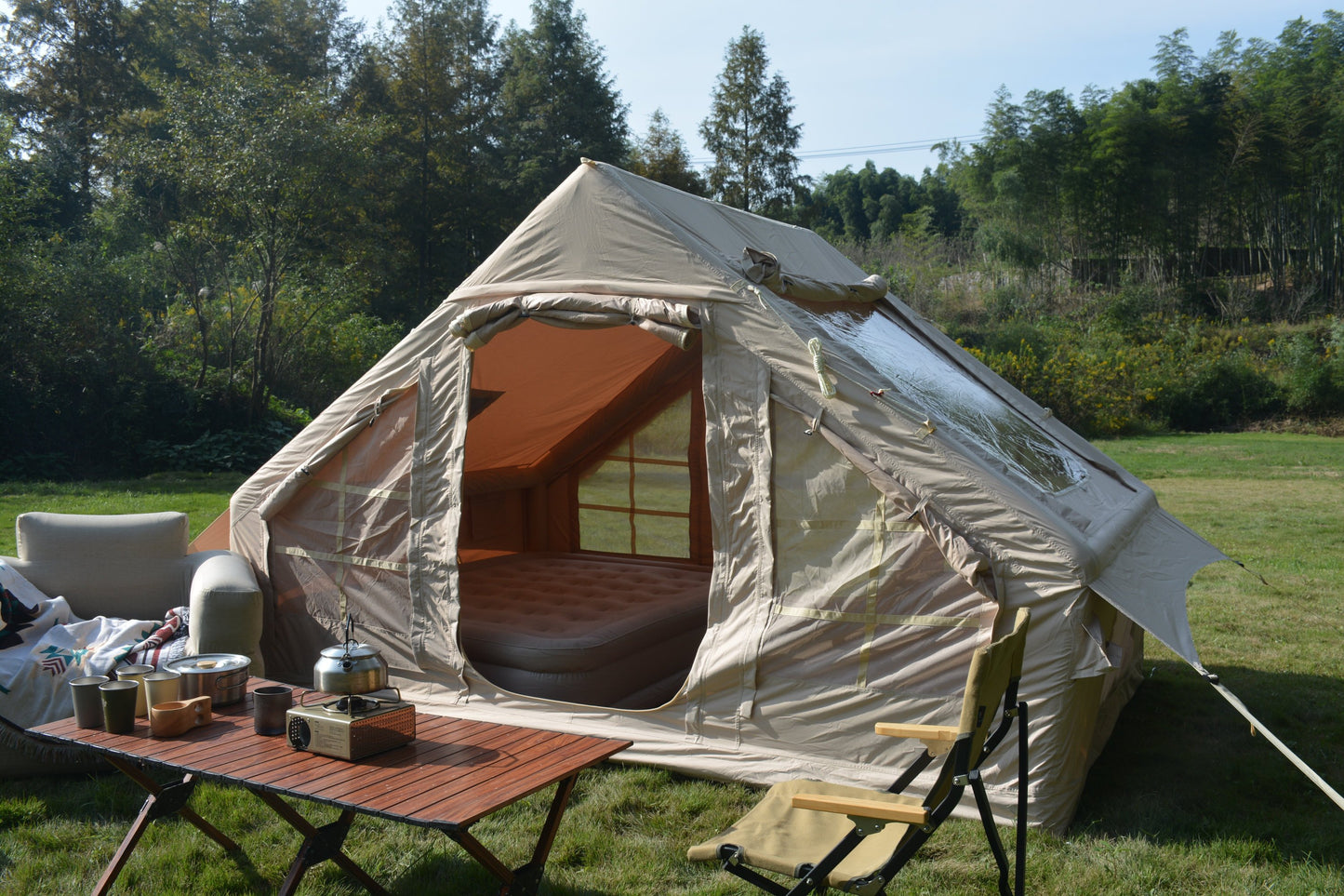 4-6 Person Inflatable 4-Season Glamping Tent, beige polyester, waterproof PU3000mm, easy setup, Campingood 