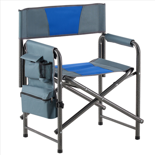 Oversized Padded Folding Camping Chair with Storage Pockets, Blue/Grey