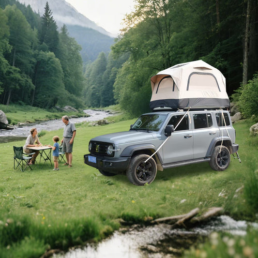 Inflatable Roof Top Tent for 2-Person Camping on SUV, black and cream polyester, panoramic skylight, Campingood 
