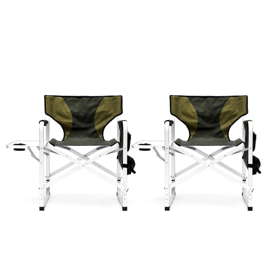2-Piece Folding Directors Chair, green aluminum, oversized for camping outdoor, side table, Campingood