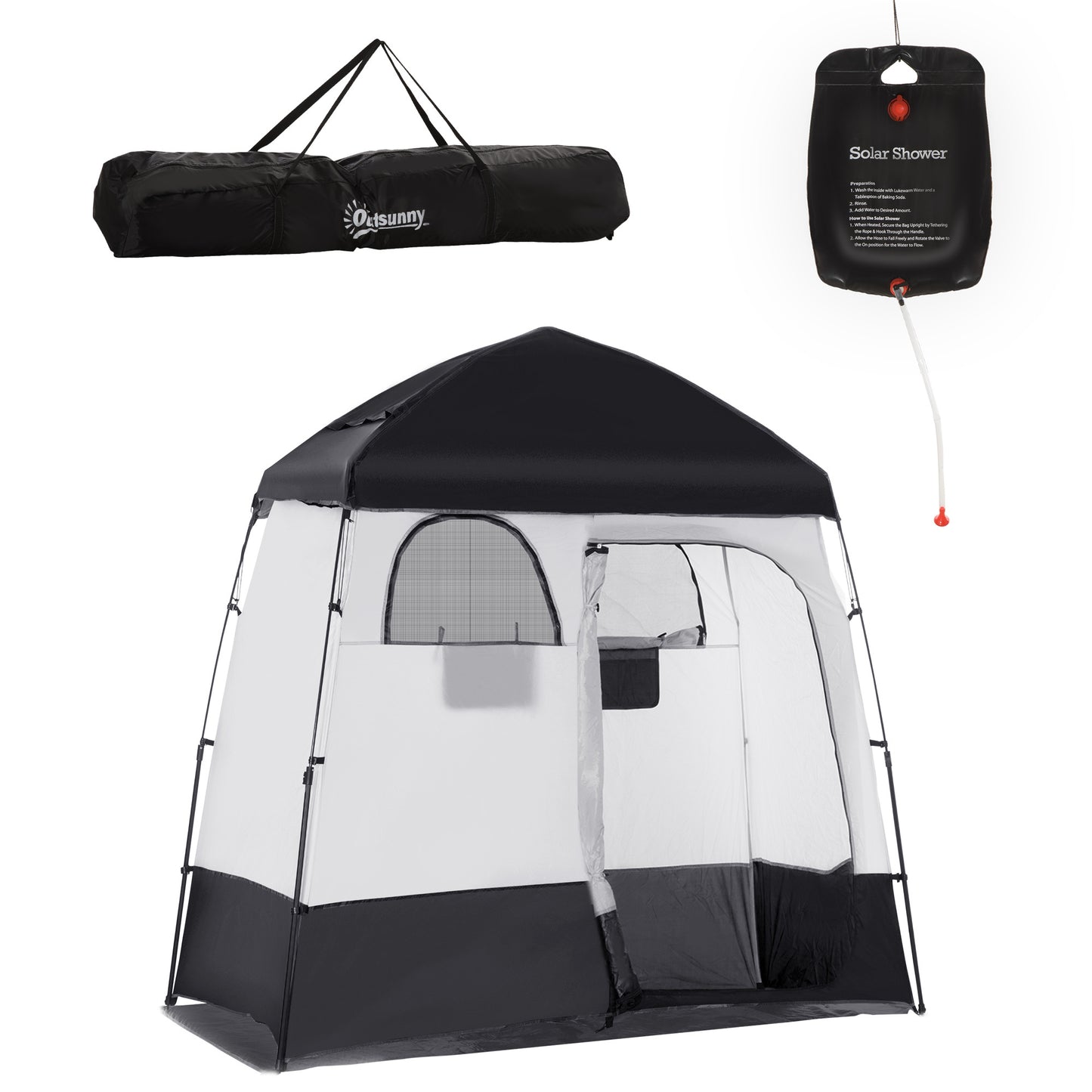 Portable shower tent with carrying bag and solar shower head on a white background