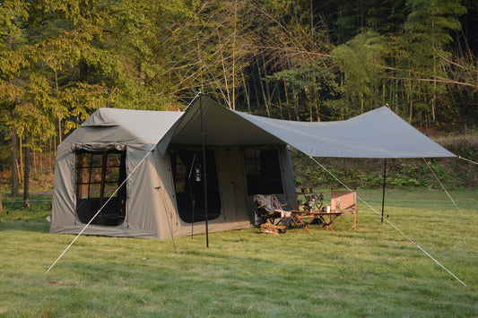 7-8 Person Inflatable Camping Tent with canopy, army green polyester, 5-min setup, glamping, Campingood
