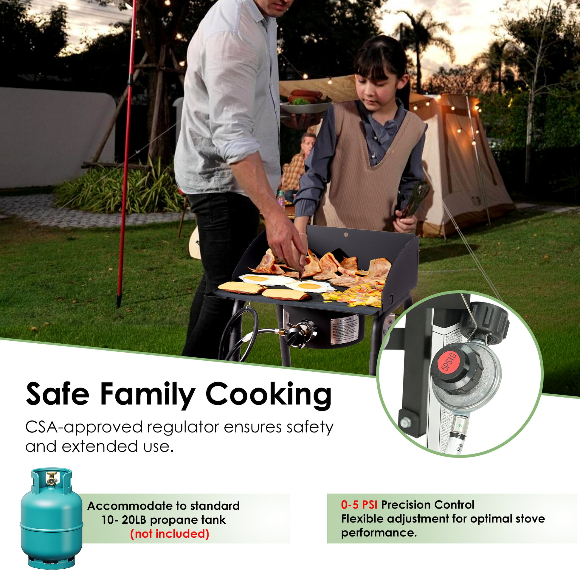 One Burner Camping Stove, black cast iron, portable with carry bag, outdoor cooking, with windshields, removable legs, ideal for camping, Campingood