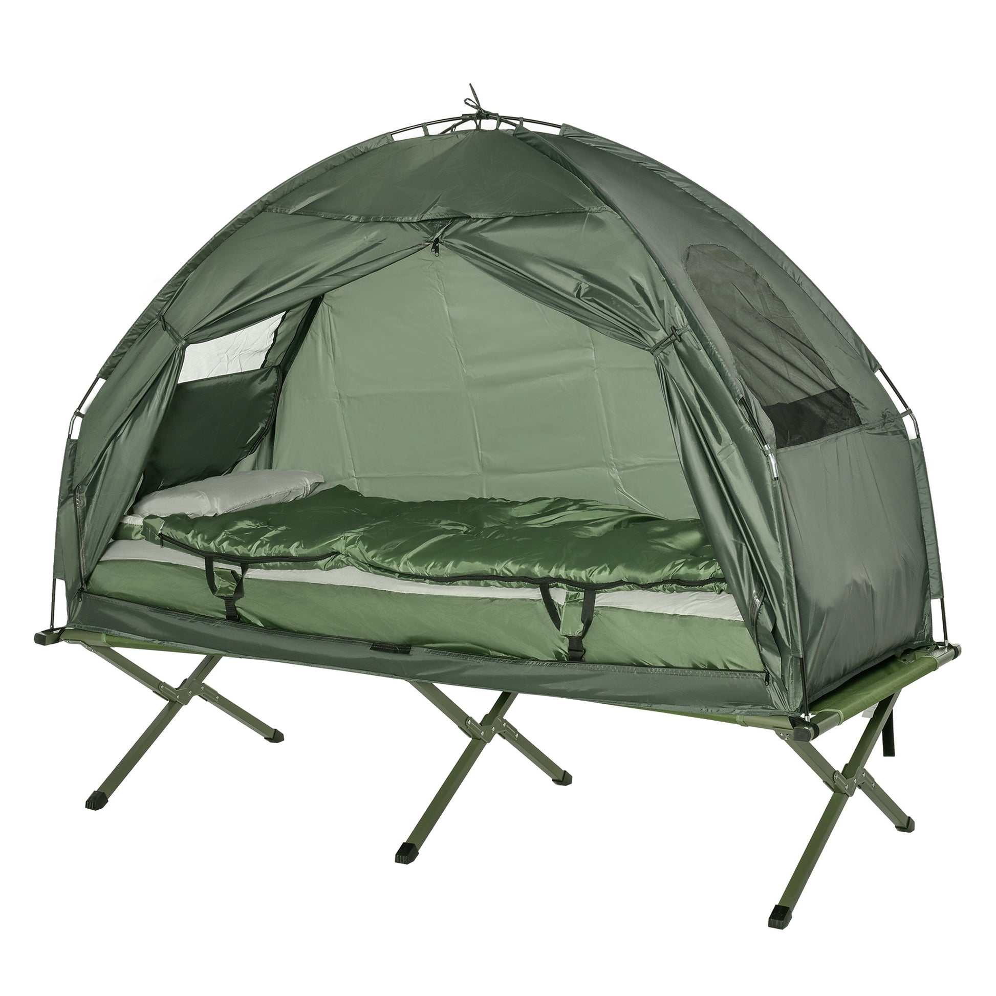 Folding Camping Cot with tent and sleeping bag, green nylon, portable outdoor bed, Campingood