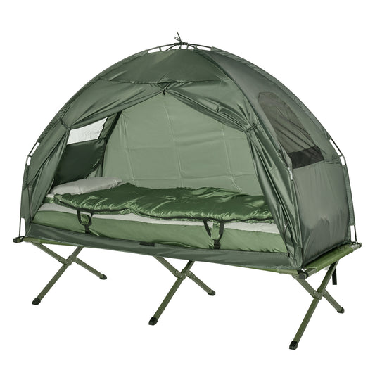 Folding Camping Cot with tent and sleeping bag, green nylon, portable outdoor bed, Campingood